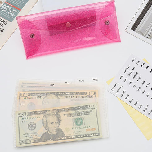 Cash Envelope Wallet with 6pcs Divider and 2pcs Monthly Tab Stickers, Reusable Budget Envelopes, Pink Glitter PVC