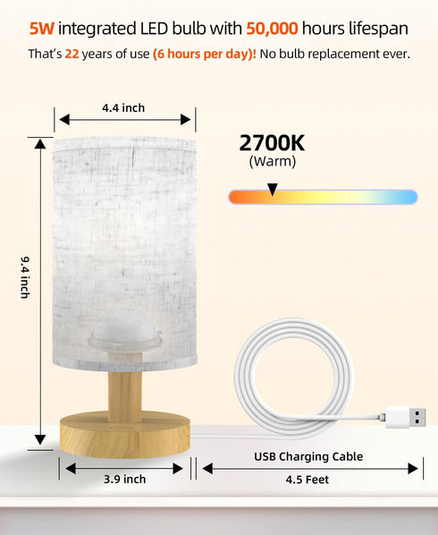 pickrelax Small Touch Table Lamp for Bedroom, Bedside Lamp for Warm Light LED Desk Lamp, Wood Base Round Flaxen Fabric