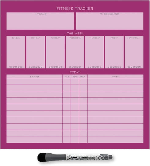 Dry Erase Whiteboard Fitness Tracker | Removeable and Restickable Adhesive Decal | Fine-Tip Magnetic Marker Included | 12" x 12" (Berry) by Glassboard Studio