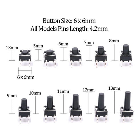 Hilitchi 250-Pcs 6 x 6mm 12 x 12mm Tactile Push Button Switch Micro Momentary Assortment Kit