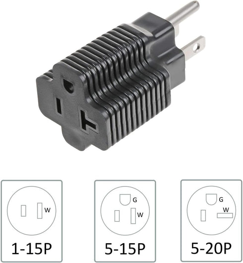NEMA 5-15P to 5-15/20R Adapter, 15 Amp Household Plug to 20 Amp T-Blade Female Adapter