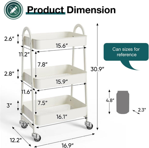 Generic 3 Tier Rolling Cart, Metal Utility Cart with Lockable Wheels - Kitchen Bathroom Organizer - White