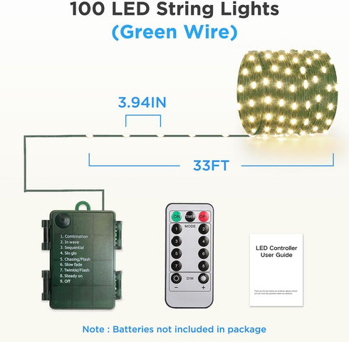 33ft 100 Battery Operated String Lights, LED Fairy String Lights Battery Powered w/Remote & Timer for Indoor Outdoor