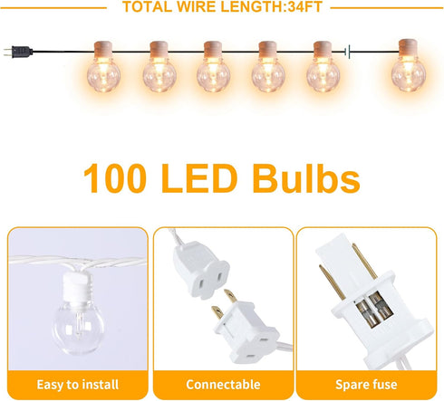 34ft with100 Bulbs Afirst White Outdoor String Lights LED Waterproof Patio Lights for Garden Backyard Holiday