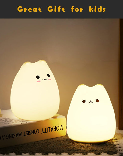 7-Color LED Cat Night Light, Battery Powered Night Light for Kids, Silicone Multicolor Cute Lamp with Warm White