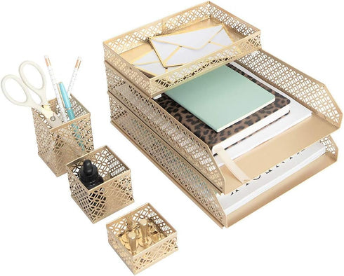 BLU MONACO Office Supplies Gold Desk Accessories, 6 Piece Interlocking Stylish Organizer Set for Women