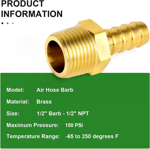 TAISHER 5 PCS Brass Hose Barb Fittings 1/2" (12.7mm) Barb x 1/2" MNPT Pipe Adapter with 5 Hose Clamps