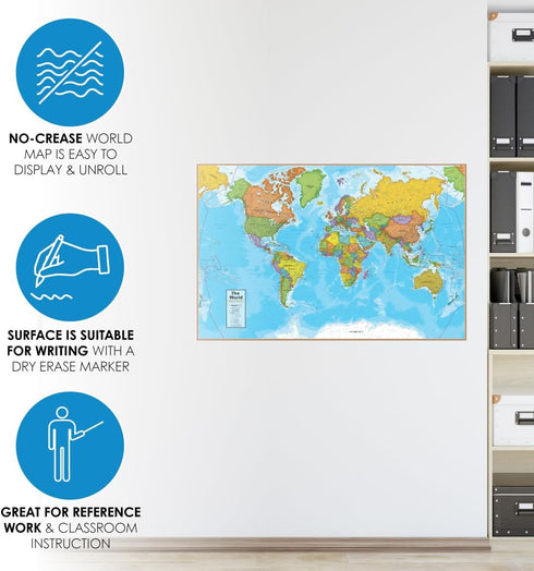 Waypoint Geographic Blue Ocean Series World Wall Map, Laminated Educational Poster, 24” H x 36” W