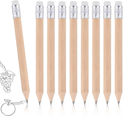 Mini Round HB Wood Pencils, 100 Pack, 4 Inch, for Kids, Preschoolers, Artists, Golf Pencils with Erasers
