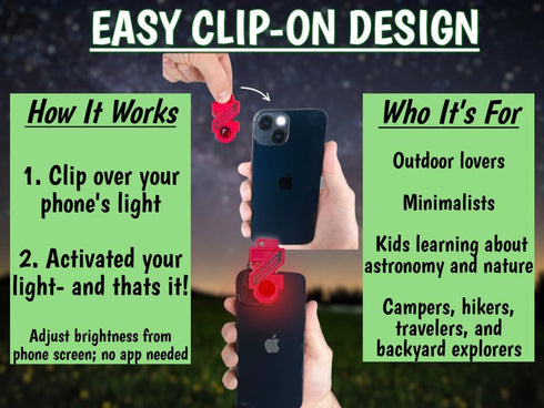 Zurueli 2-in-1 Red Flashlight and Spotlight Adapter for Smartphones, Lighting Accessory for Camping, Fishing, Hunting