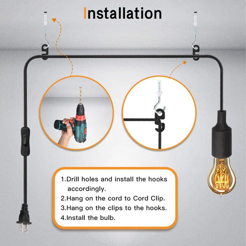 Zevnico 15 E26 E27 Bulb FT Hanging Light Socket with Cord, Black Extension Cord with ON Off Switch Plug, Light Socket