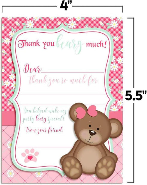 Teddy Bear Girl Themed Thank You Notes for Kids, 10 Fill In the Blank Cards with 10 White Envelopes by AmandaCreation
