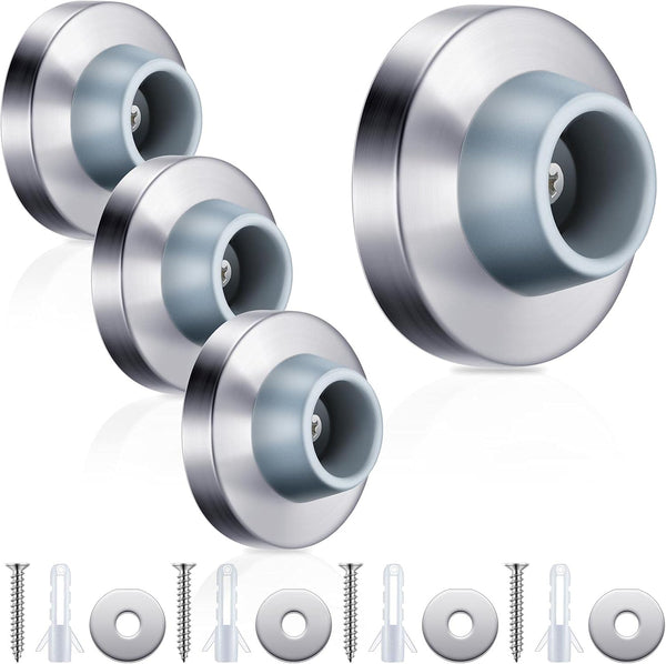 Pangda Concave Wall Door Bumper Stop, Silver Stainless Steel with 1-1/8 Inch Gray Round Rubber Protector (4 Pieces)