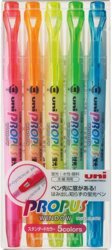 Uni Propus Window Double-Sided Highlighter Pen, 10 Color Set with 4.0 mm/0.6 mm Twin Tip and Sticky Notes