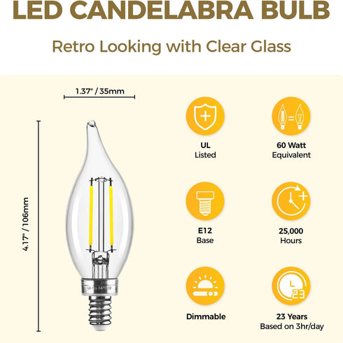 E12 Bulbs 60 90+ E12 Bulb Dimmable Bulbs, 6W 550LM 5000K CA11, Listed,1 Pack Hizashi Candelabra watt Equivalent, CRI
