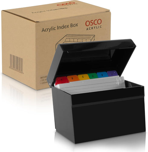 Osco 100 5" 3", 127 76 mm Black Hi-Gloss Plastic Index Box, Small, A to Z Divider Tabs, Lined Note Cards, x Ruled