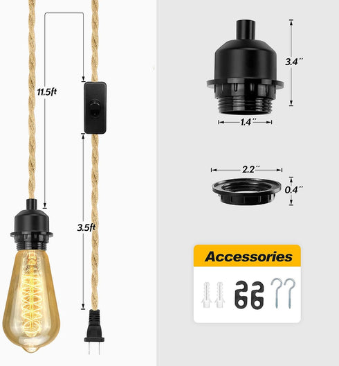 2Pack 15FT E26 E27 LYOOWNG Plug in Pendant Light Cord, Farmhouse Hanging Lights with Plug in Cord, Hemp Rope Plugin