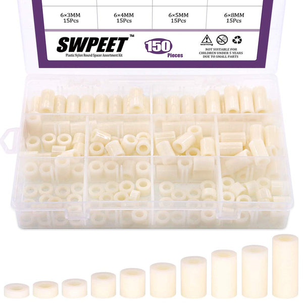 Swpeet 150Pcs Nylon Round Spacer Standoff Screw Nut Assortment Kit, Nylon PA66 Plastic Standoff for M6 Screws