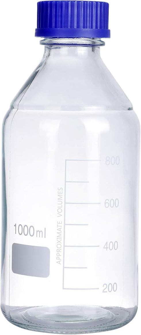 4 Pieces 1000 mL Graduated Round Glass Reagent Media/Storage Bottles with GL45 Blue Polypropylene Screw Cap