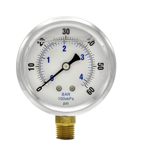 PIC Gauges PRO-201L-254D Pressure Gauge, 0-60 PSI, 2 1/2" Dial, 1/4" Male NPT, Bottom Mount, Glycerin Filled