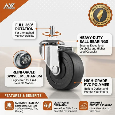 2 Inch 1/4 Inch (Pack 4) AXL Caster Wheels, Threaded Stem Swivel Casters with Brake, Quiet Rolling PVC Wheels