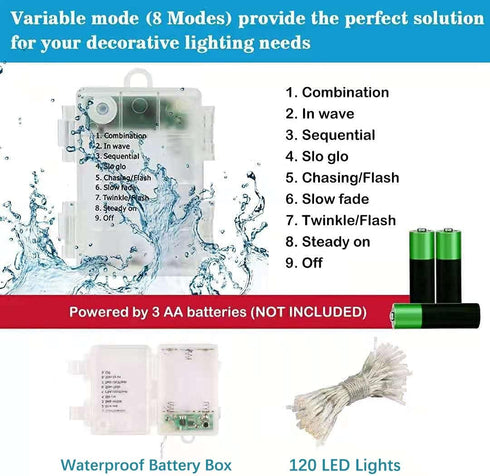 42ft Battery Operated String Lights, 120 LED IP65 Waterproof Outdoor Fairy Light with Timer, 8 Modes for Indoor Outdoor