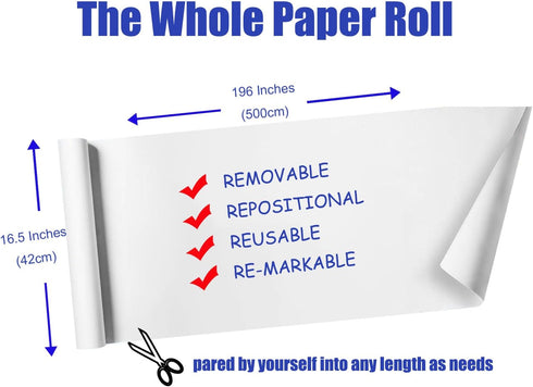 Static Whiteboard Wallpaper Roll, Portable Restickable Dry Erase White Board Wall Paper (16.5X196 in.) No Adhesive for Home Office Classroom by Longtrip