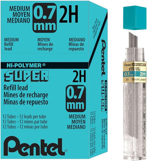 Pentel Super Hi-Polymer Lead Refill, 0.7mm Medium, 2H, 144 Pieces of Lead (50-2H), Gray