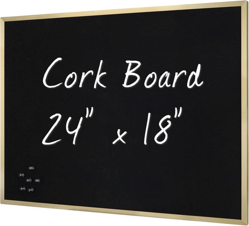 INNOVART Black Cork Bulletin Board, 24" X 18" with 10 Push Pins, Gold Aluminum Frame