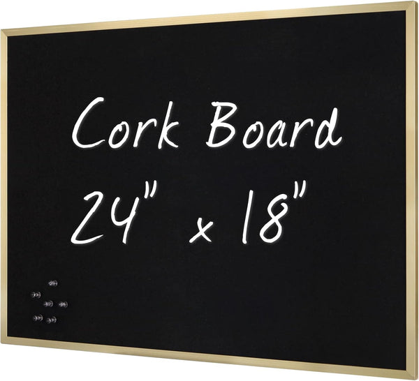 INNOVART Black Cork Bulletin Board, 24" X 18" with 10 Push Pins, Gold Aluminum Frame