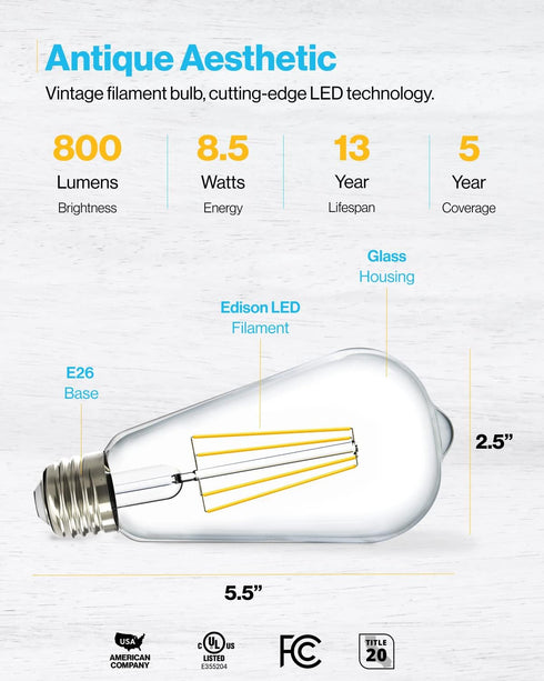 Sunco Lighting 4 Pack 60W Vintage LED Edison Bulbs, 8.5W CRI92, 800 Lumens, Dimmable ST64, 3000K Warm White, E26 Base,