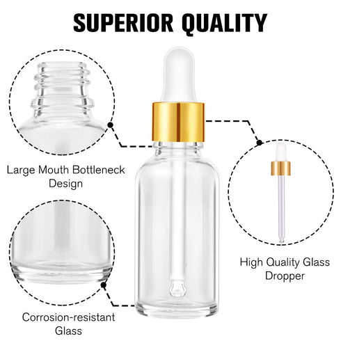 PrettyCare 1oz Glass Dropper Bottle, 24 Pack Clear Bottles with 2 Funnels & 2 Long Pipettes