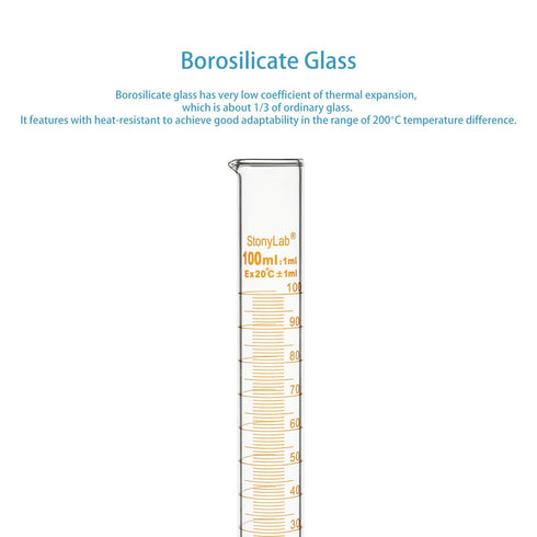 stonylab Graduated Cylinder, 2-Pack B Grade Borosilicate Glass Cylinder, 100 ml with Stable Hexagonal Base
