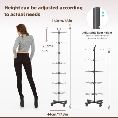 7 Retail Display Racks Tier Spinning Display Stand, Movable Shop Spinner Rack with Hooks, Retail Display Stand