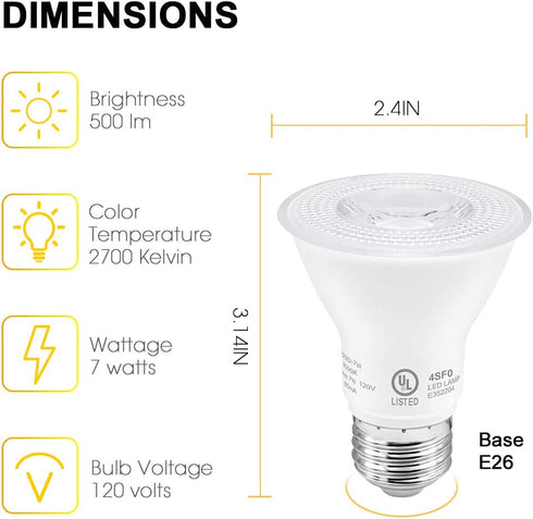 PAR20 LED Bulbs UL Listed, Dimmable Light Bulb, 7 Watt(60W Equivalent) Spotlight, E26 Base, 2700K Warm White Flood Light Bulbs for Living Room Kitchen Pantry Hotels Showroom, Indoor/Outdoor (6 Pack) by LEDLightsWorld