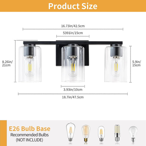 3 E26 WILON Vanity Light Bathroom, Light Black Modern Vanity Lights with Clear Glass Wall Sconces with Clear Glass