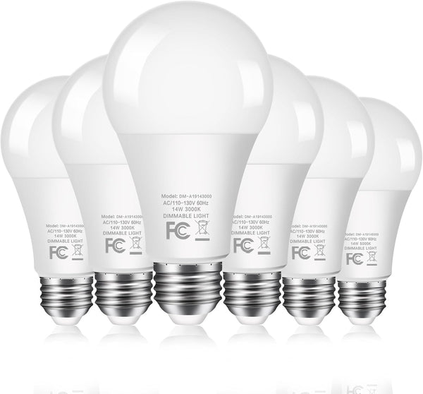 6-Pack 14W LED Dimmable Light Bulbs, 100 Watt Equivalent, A19 1500LM Warm White 3000K for Indoor Kitchen Office