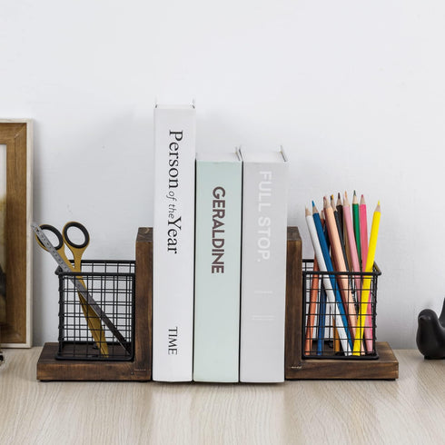 MyGift Rustic Burnt Wood Decorative Bookends with Matte Black Metal Wire Basket for Office Supplies, 1-Pair