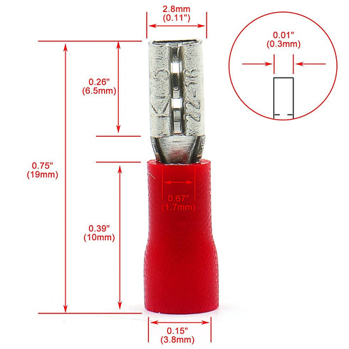 Baomain 0.11" Red Female Insulated Spade Wire Connector, 200PCS Electrical Crimp Terminal 18-22 AWG