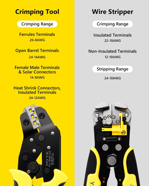 4 (24-14AWG) YUZES Automatic Wire Stripper and Crimping Tool Kit for Heat Shrink, Insulated Terminals, Open Barrel