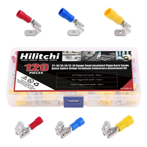 Hilitchi 120pcs Piggy Back Insulated Terminals Electrical Wiring Crimp Connectors Set, 22-16/16-14/12-10AWG