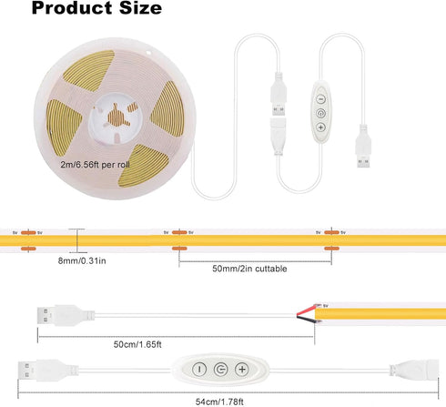 5V Dimmable 6500K CRI93+ 6 Dimmer, 3D COB LED Strip Lights USB Powered White ft Dotless LED Tape Light with Flexible