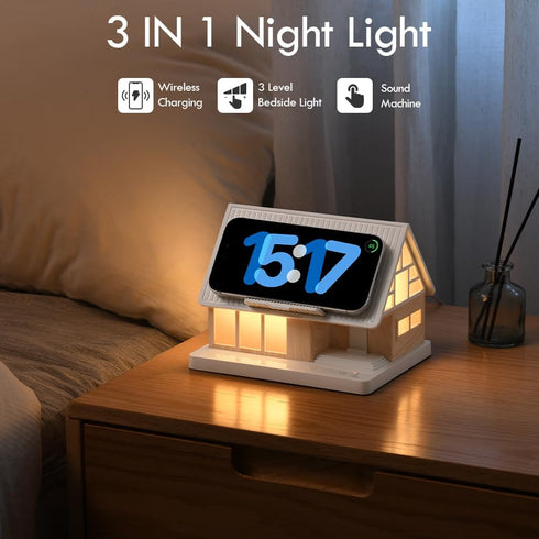 SMARTERIOR 15W 3-Level Dimmable Night Light,House-Shaped Nightstand Light with Wireless Charger and White Noise