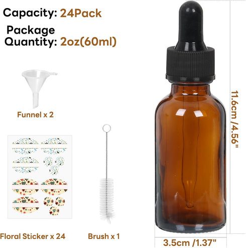 STARSIDE 24 Pack 2 oz Amber Glass Dropper Bottles for Essential Oils,60 ml Glass Bottles with Glass Droppers for Lab Chemicals,Perfumes.Included 1 Brush,2 Funnels and 24 Labels by STARSIDE