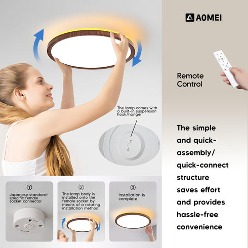 AOMEI 36W 3000-6000K (1, 12 inch) Black Walnut Style Flush Mount Ceiling Light Full Spectrum Eye-Care LED, Sealed ABS