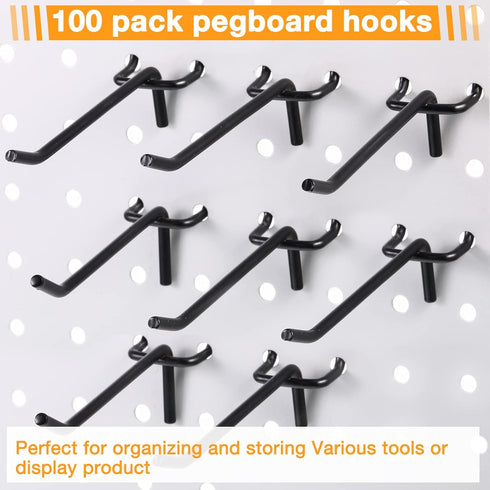 Shimeyao 100 Pcs Black Pegboard Hooks - Stainless Steel Display Hook for 1/8 1/4 Pegboard, 4 Inch, Garage Storage