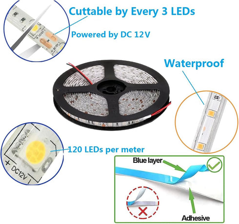 Lights,600 Strips,Waterproof,12 Pack 16.4ft/5m,for (Waterproof&White&1Pack) Flexible LED Strip Units LEDs,LED Volt LED