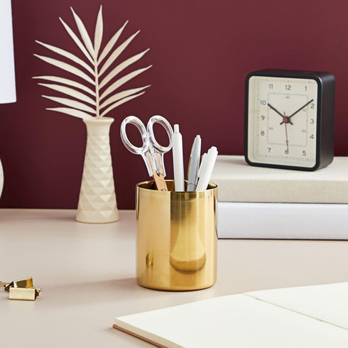 Juvale Gold Desk Organizer Holder for Pen and Pencil, Metal Makeup Brush Holder (3.2 x 3.9 In) - Gold Accessories