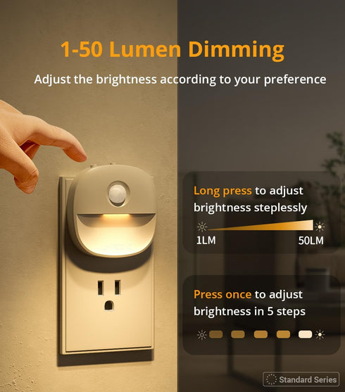 Dimmable 1-50lm 2 Pack Lyridz Plug in Night Light with Motion Sensor and Dusk to Dawn Sensor, Warm Nightlight