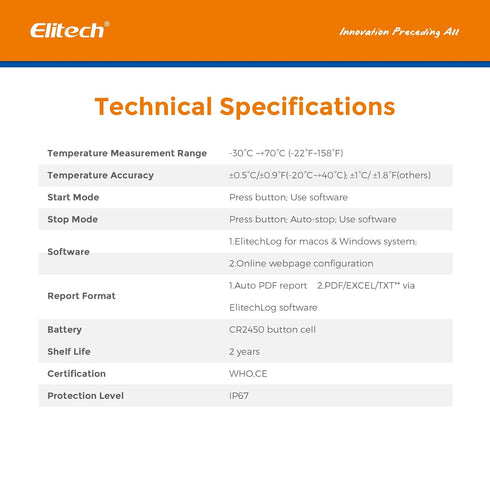 Elitech WHO PQS Certificated Temperature Data Logger 120 Days with Light Sensor, Single Use Temperature Recorder